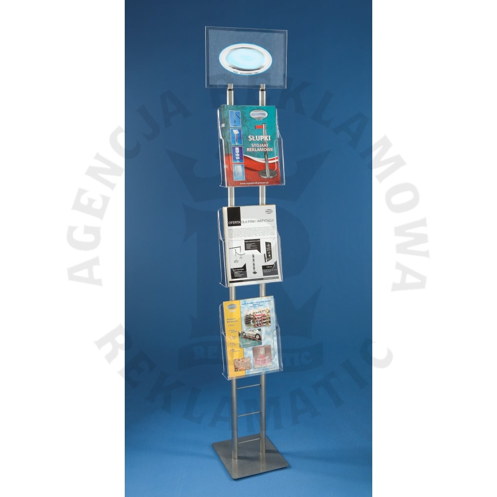 Stojak reklamowy na ulotki 3xA4 z ramką na logo