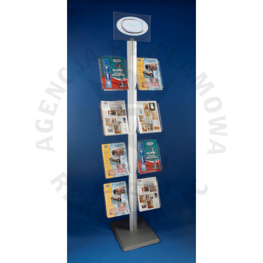 Reklamowy stojak A4 na ulotki z tabliczką na logo