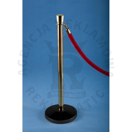 Słupek odgradzający złoty zakończony kulą stal nierdzewna, czarna podstawa do łączenia ze sznurem