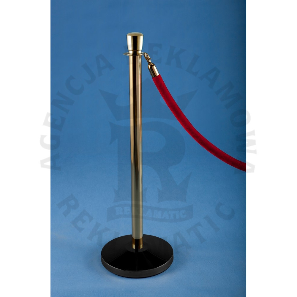 Słupek odgradzający złoty zakończony kulą stal nierdzewna, czarna podstawa do łączenia ze sznurem