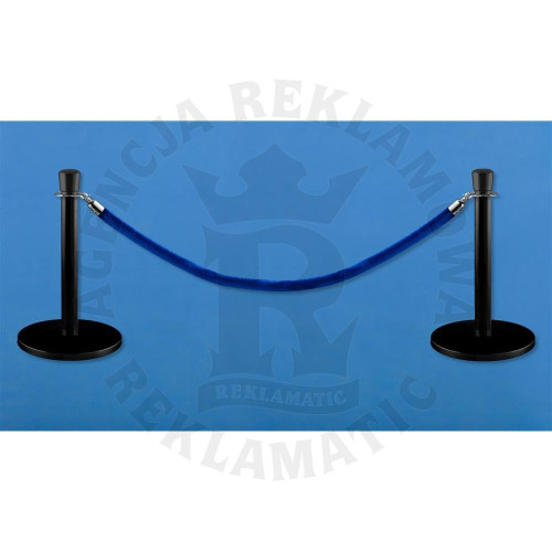 Niskie czarne słupki odgradzające, powłoka proszkowa, niebieska lina 1,5 m, komplet 2 słupków