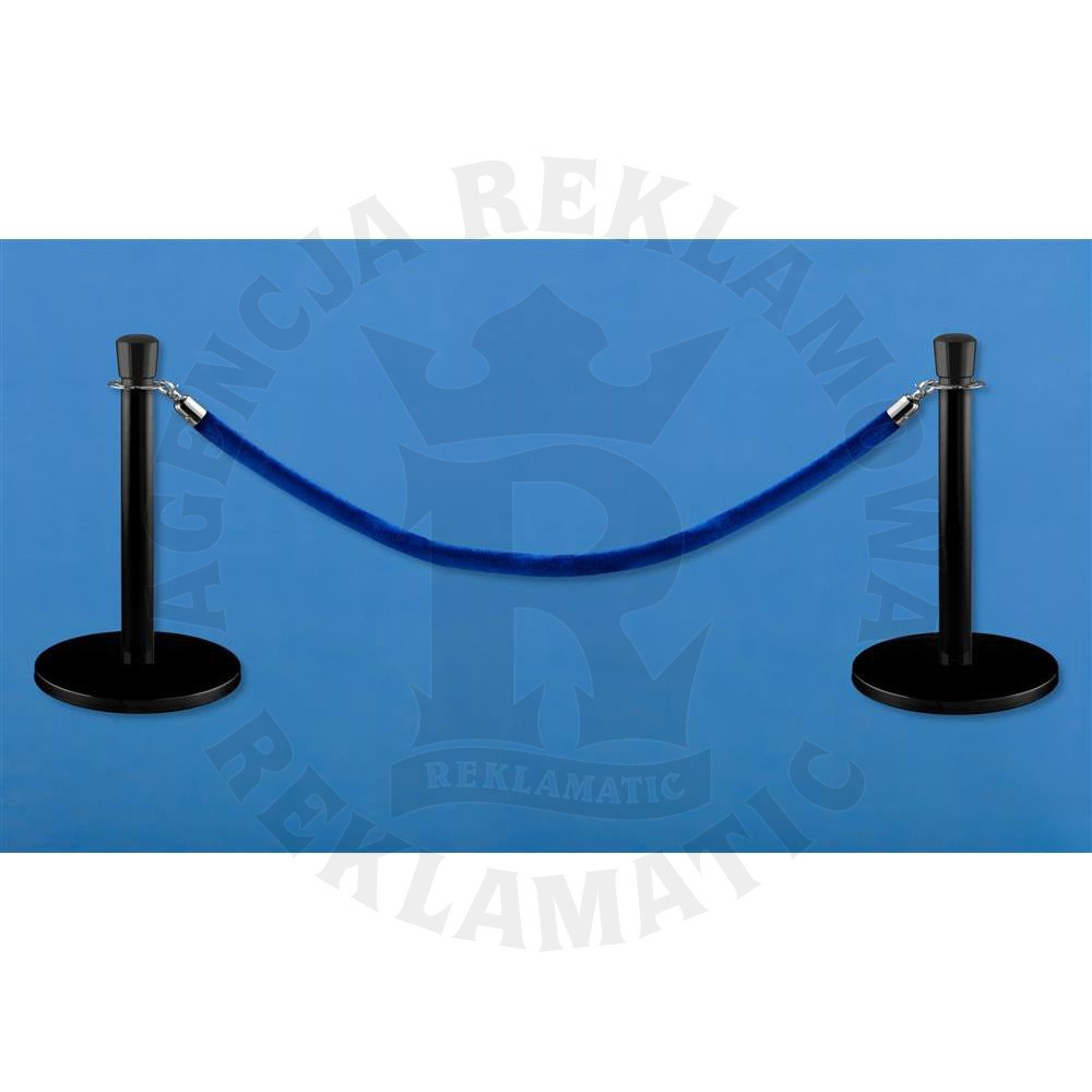 Niskie czarne słupki odgradzające, powłoka proszkowa, niebieska lina 1,5 m, komplet 2 słupków