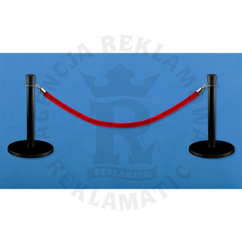 Niskie czarne słupki odgradzające, powłoka proszkowa, czerwona lina 1,5 m, komplet 2 słupków