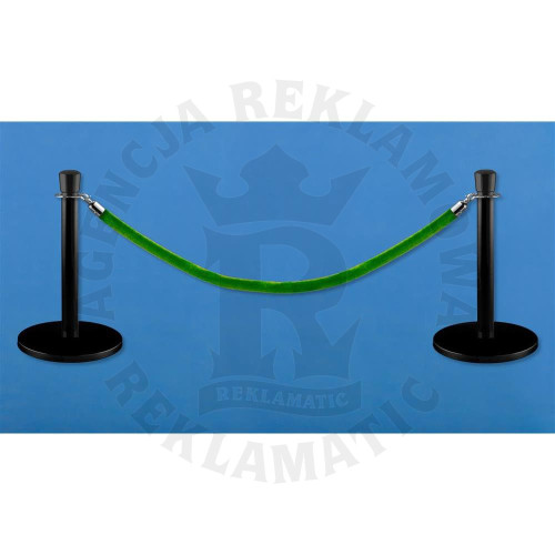 Niskie czarne słupki odgradzające, powłoka proszkowa, jasnozielona lina 1,5 m, komplet 2 słupków