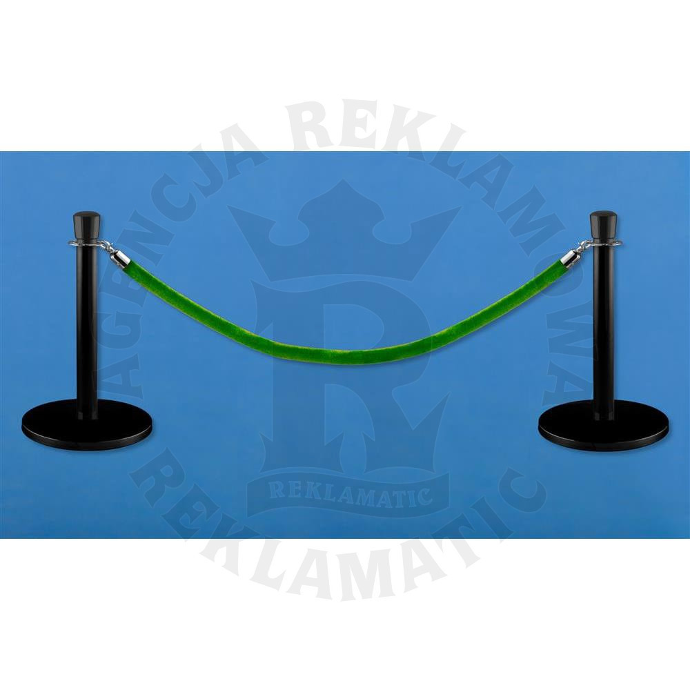 Niskie czarne słupki odgradzające, powłoka proszkowa, jasnozielona lina 1,5 m, komplet 2 słupków