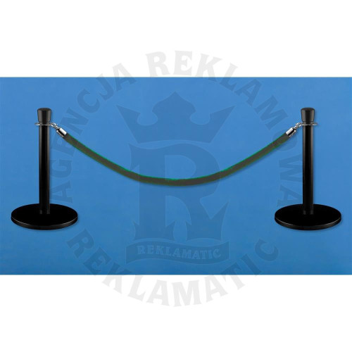 Niskie czarne słupki odgradzające, powłoka proszkowa, jasnozielona lina 1,5 m, komplet 2 słupków