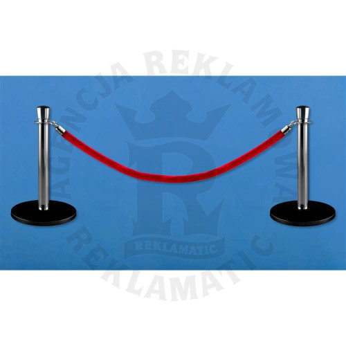 Niskie srebrne słupki odgradzające, powłoka proszkowa, czerwoną  liną 1,5 m, komplet 2 słupków