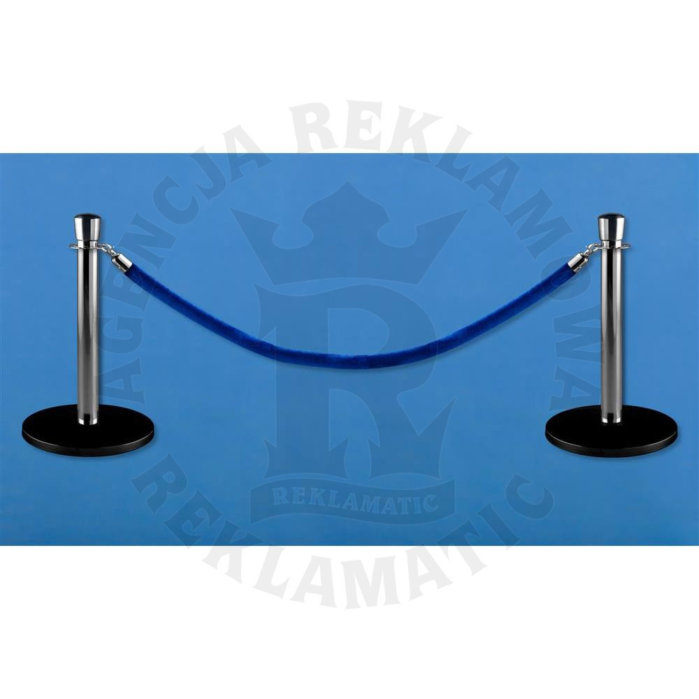 Niskie srebrne słupki odgradzające, powłoka proszkowa, niebieską  liną 1,5 m, komplet 2 słupków