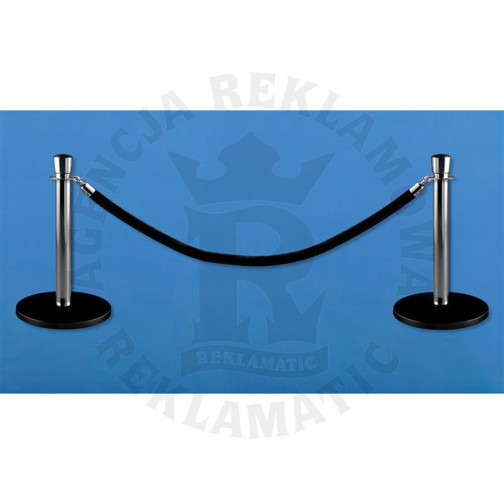 Niskie srebrne słupki odgradzające, powłoka proszkowa, czarna  lina 1,5 m, komplet 2 słupków