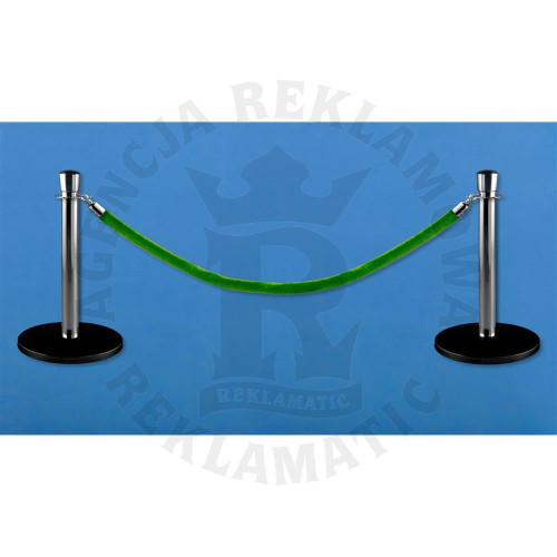 Niskie srebrne słupki odgradzające, powłoka proszkowa, jasnozielona  lina 1,5 m, komplet 2 słupków