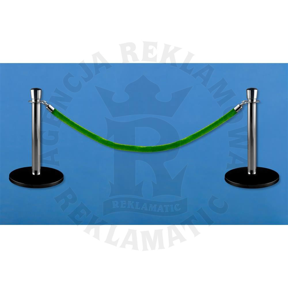 Niskie srebrne słupki odgradzające, powłoka proszkowa, jasnozielona  lina 1,5 m, komplet 2 słupków