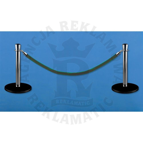 Niskie srebrne słupki odgradzające, powłoka proszkowa, ciemnozielona  lina 1,5 m, komplet 2 słupków