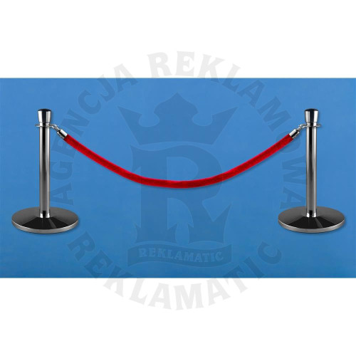 Niskie słupki odgradzające w kolorze srebrnym z głowicą i czerwoną liną (zestaw: 2 słupki + sznur)