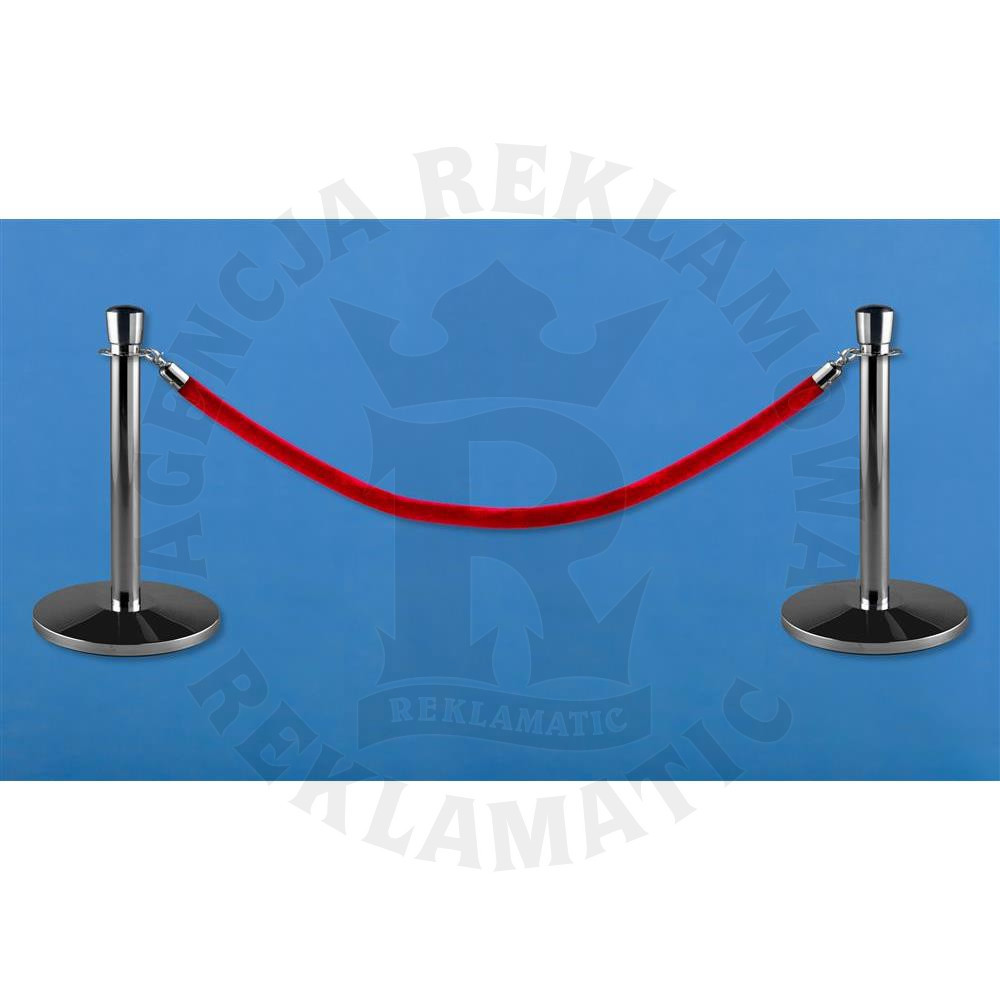 Niskie słupki odgradzające w kolorze srebrnym z głowicą i bordową liną (zestaw: 2 słupki + sznur)