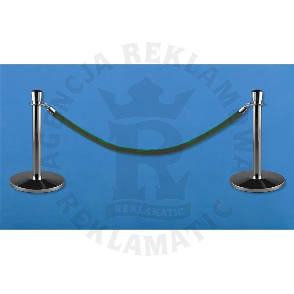 Niskie słupki odgradzające w kolorze srebrnym z głowicą i ciemnozielona lina (zestaw: 2 słupki + sznur)