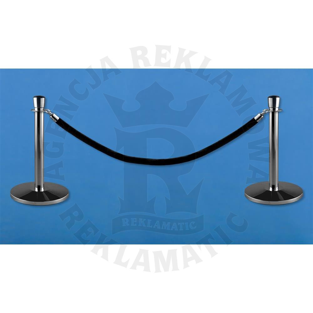 Niskie słupki odgradzające w kolorze srebrnym z głowicą i czarna lina (zestaw: 2 słupki + sznur)