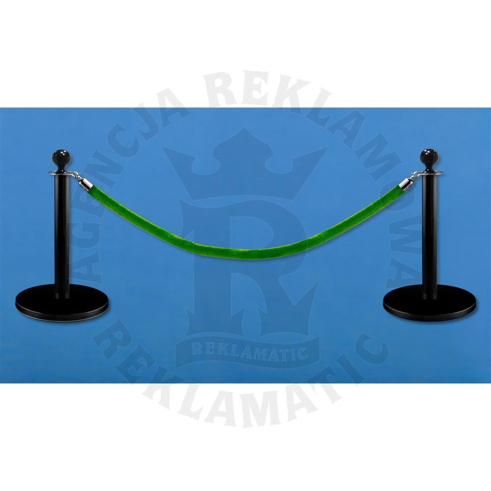 Niskie słupki odgradzające z aksamitnym jasnozielonym sznurem o długości 1,5 m, lakierowane proszkowo