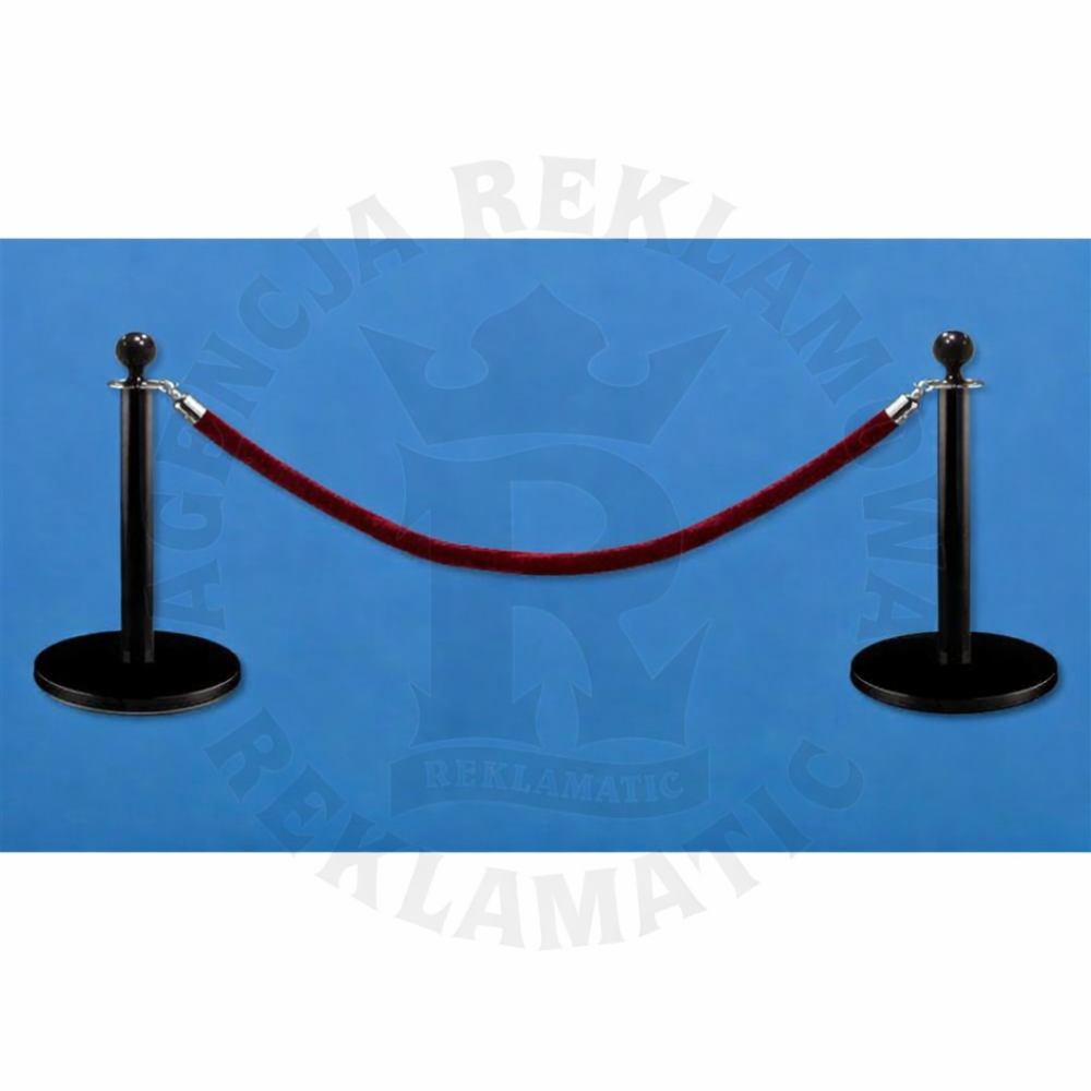 Niskie słupki odgradzające z aksamitnym bordowym sznurem o długości 1,5 m, lakierowane proszkowo