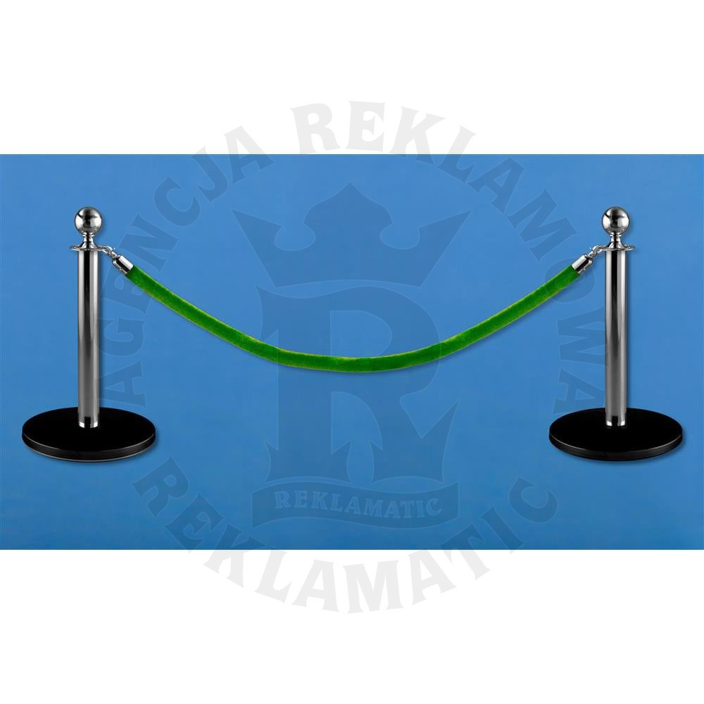 Niskie słupki odgradzające z aksamitnym  jasnozielonym sznurem o długości 1,5 m, lakierowane proszkowo