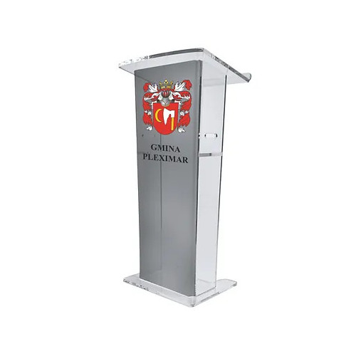Prosta, szroniona mównica z przezroczystego tworzywa akrylowego z herbem
