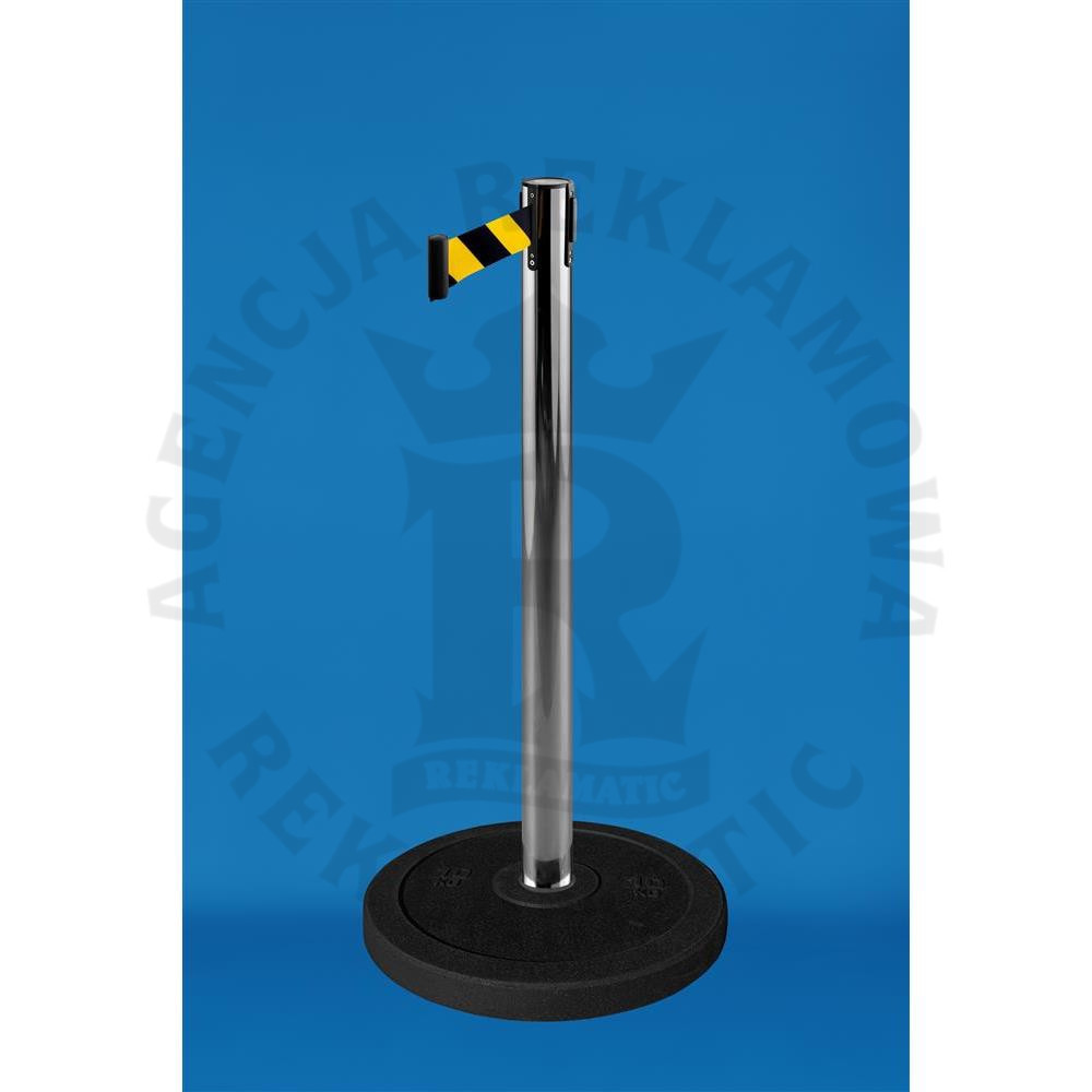 Słupek separacyjny z wysuwaną taśmą 3,6 m w kolorze żółto-czarnym, srebrna stal, gumowa podstawa
