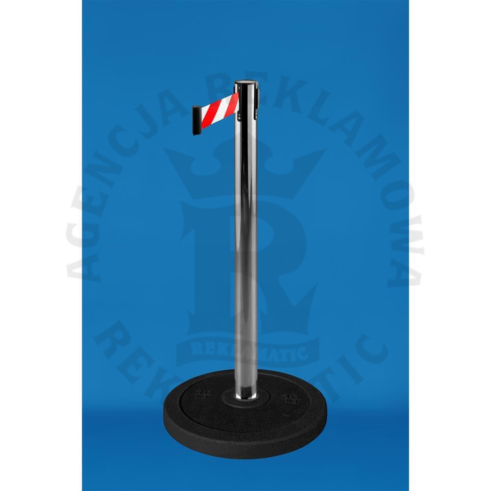 Słupek separacyjny z wysuwaną taśmą 3,6 m w kolorze biało-czerwonym, srebrna stal, gumowa podstawa